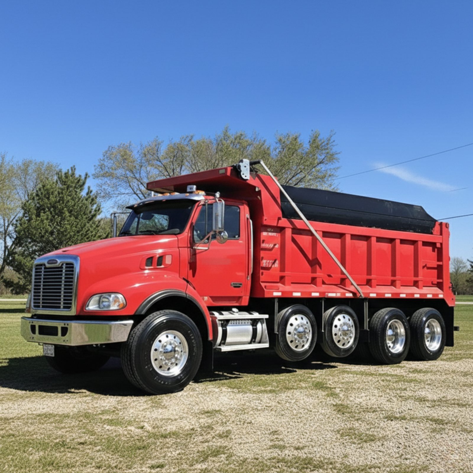 Clean red dump truck after Heartland Fleet Cleaning exterior detail