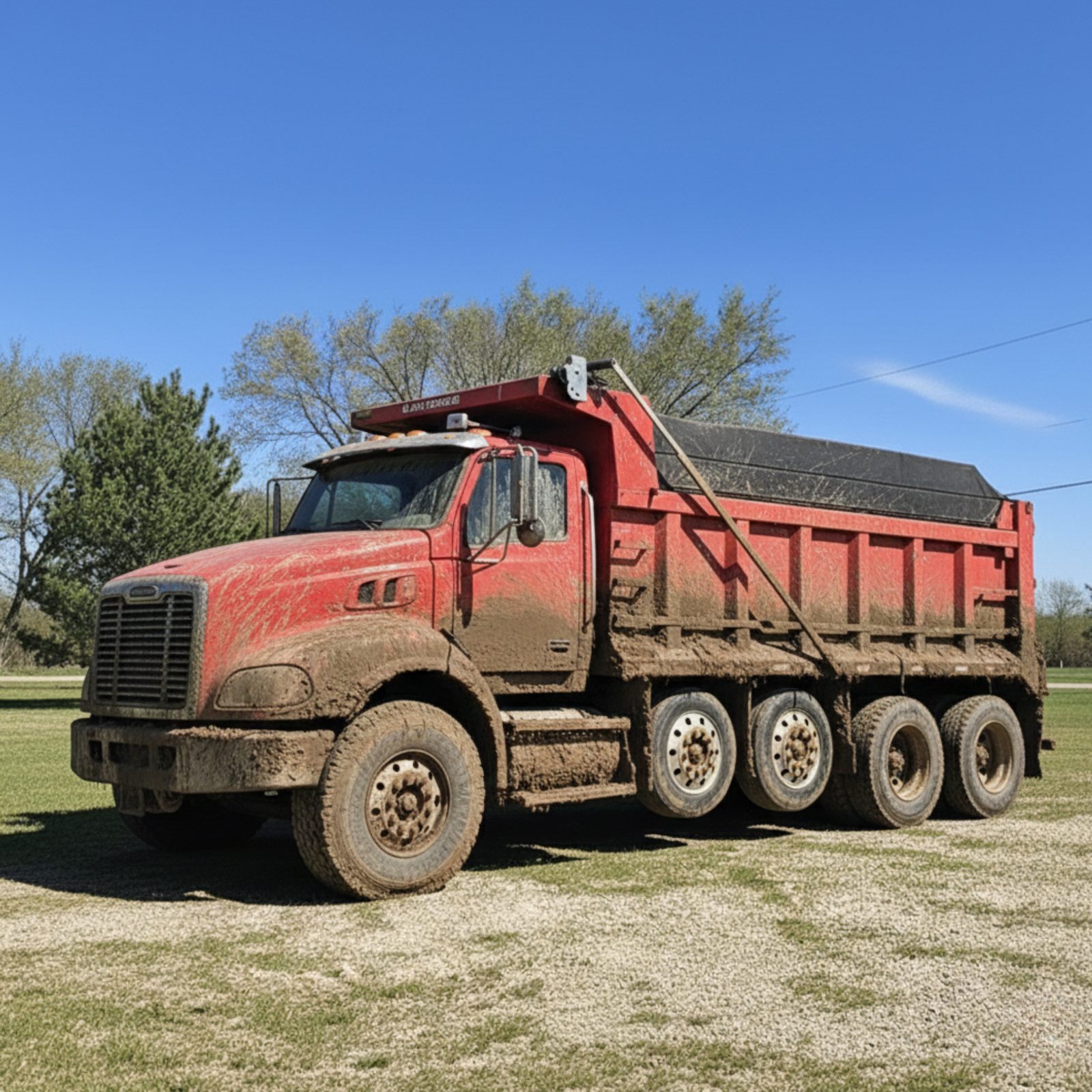 Dirty red dump truck before professional fleet washing
