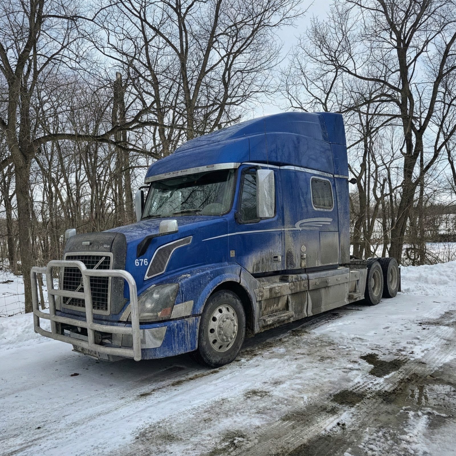 Dirty Volvo semi truck before professional fleet washing